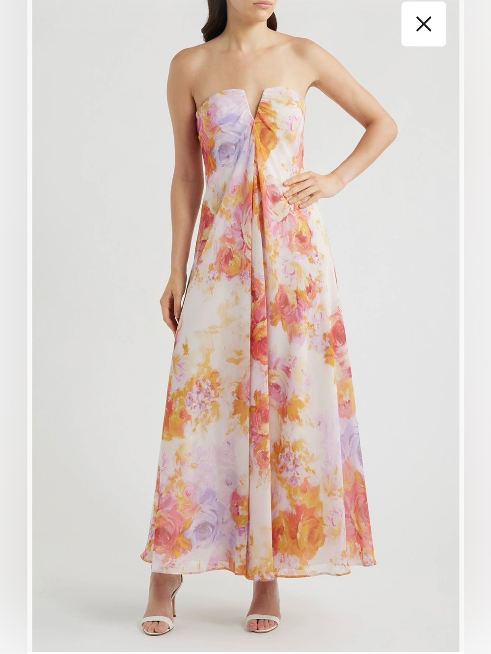 Parker Emerson Strapless Floral Maxi Dress in Pink, Lavender and Gold